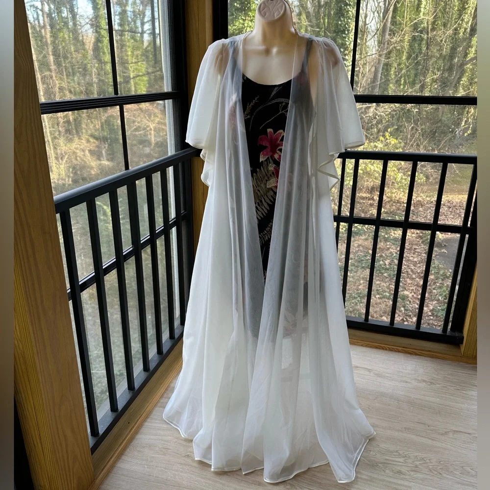 Vintage White Sheer Duster Lagenlook Feminine Layer With Cape Flutter Sleeves~ M - Picture 8 of 11